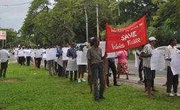 Save Wales: Wales sugar workers yesterday picketed the Ministry of the Presidency over plans to end sugar cultivation at the Wales Estate, West Bank Demerara. The decision was announced in January this year and ever since then, the workers and their union have protested. (GAWU photo) 