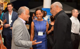 President David Granger (right) interacting with the delegates at a cocktail reception after the formal opening of the Fourth International Congress on Biodiversity of the Guiana Shield at the Arthur Chung Convention Centre (Ministry of the Presidency photo)