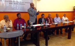 In photo from left are former Head of the Presidential Secretariat, Dr Roger Luncheon; former Minister of Commerce, Irfaan Ali; Opposition Leader, Bharrat Jagdeo; former Attorney General, Anil Nandlall; former President, Donald Ramotar; PPP General Secretary, Clement Rohee and commentator Ramon Gaskin