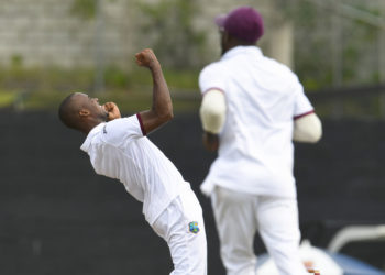 Miguel Cummins during the second day of the third Seagram's Royal Stag Test Match between West Indies and India at Daren Sammy Cricket Ground, St Lucia on Wednesday, August 10, 2016. Photo by WICB Media/Randy Brooks of Brooks Latouche Photography