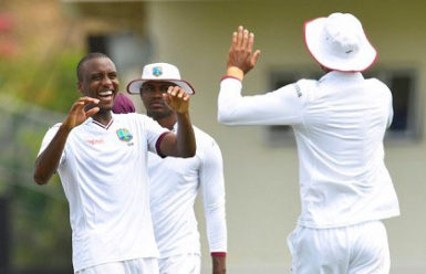 Fast bowler Miguel Cummins celebrates one of his three wickets towards the end of the Indian innings on Wednesday. (Photo courtesy WICB Media) 