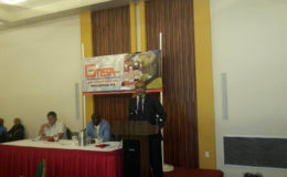 Former President Bharrat Jagdeo addressing the GMSA business luncheon at the Pegasus Hotel yesterday
