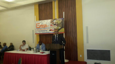 Former President Bharrat Jagdeo addressing the GMSA business luncheon at the Pegasus Hotel yesterday 