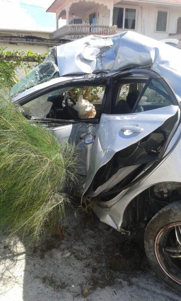 The wreckage of the car that was crashed by Chandi Dyal, 19, who succumbed to the injuries he sustained in the accident. 