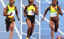 (From left) Shelly Fraser-Pryce, Elaine Thompson and Christania Williams will all move to the semi-final of the women’s 100 metres. (Jamaica Gleaner photo)