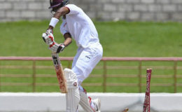 West Indies batsman Roston Chase is bowled for 10 on the final day of the third Test yesterday. (Photo courtesy WICB Media)
