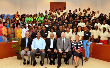 Seated from left: Minister of Communities Ronald Bulkan, Minister of Finance Winston Jordan, President David Granger, Ambassador Perry Holloway and Minister within the Ministry of Communities Dawn Hastings-Williams and successful participants of the Sustainable Livelihood and Entrepreneurship Development (SLED) Initiative.  (Ministry of the Presidency photo)