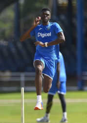 Fast bowler Alzarri Joseph sends down a delivery during training ahead of the fourth Test. 