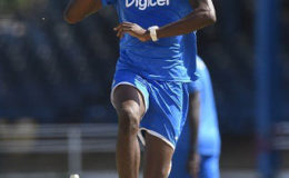 Fast bowler Alzarri Joseph sends down a delivery during training ahead of the fourth Test. 