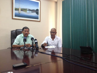 Minister of Indigenous Peoples’ Affairs Sydney Allicock (left) and Chairman of the National Toshaos Council Joel Fredericks at yesterday’s press conference.    