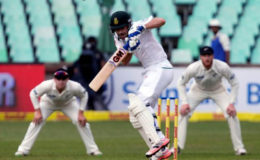 South Africa’s Stephen Cook avoids a short pitched delivery during the first day of the first test against New Zealand yesterday in Durban, South Africa. (Reuters photo)