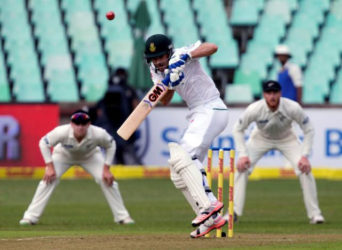 South Africa’s Stephen Cook avoids a short pitched delivery during the first day of the first test against New Zealand yesterday in Durban, South Africa. (Reuters photo) 