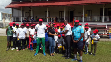 Digicel’s Communication Manager Vidya Bijlall-Sanichara presents the sponsorship cheque to DCC President Alfred Mentore. 