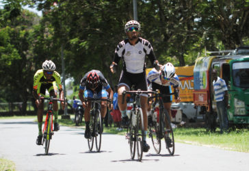 Raul Leal out sprints the remnants of the breakaway to win yesterday’s feature 35-lap event of the Malta Supreme 11-race programme. (Orlando Charles photo) 