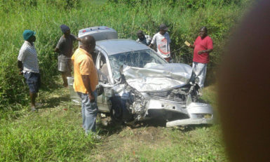 The car, PRR 1766, which was being driven by Samantha Bowlin, in a trench after the collision. 