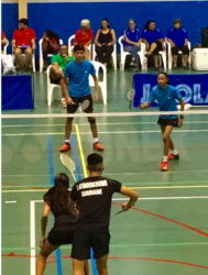 Guyana’s Narayan and Priyanna Ramdhani in action in the mixed doubles semi-final on Friday.