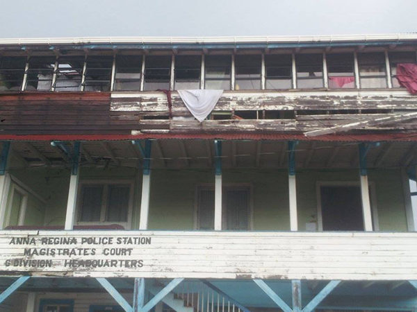 The Anna Regina Police Station, Magistrate’s Court and G Division Headquarters: The boards on the wall are falling off and the gaps have now been blocked with a piece of plyboard. Stabroek News understands the top floor provides housing accommodation for ranks and that when it rains the roof leaks. In addition, the toilet facilities available to the ranks are poor.  