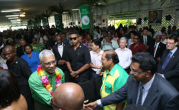 President David Granger, who is leader of the PNCR, greets AFC leader and Minister of Public Security Khemraj Ramjattan ahead of the opening of the PNCR’s 19th Biennial Delegates’ Congress at Congress Place, Sophia yesterday. (Photo by Keno George)
