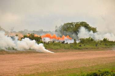 One of the scenes at the Tacama Training Area on Thursday morning as the ‘final attack’ of exercise ‘Homeguard’ got underway. (Ministry of the Presidency photo)