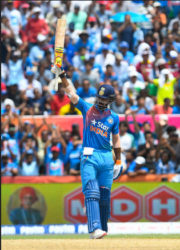 India’s KL Rahul acknowledges reaching three figures against the West Indies yesterday. (Photo courtesy of WICB media)   