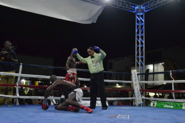 DeMarcus ‘Chop Chop’ Corley floors Dexter ‘The Cobra’ Gonsalves in round six en route to earning a majority decision victory to capture the vacant WBC FECARBOX lightweight title Saturday night at the Giftland Mall.