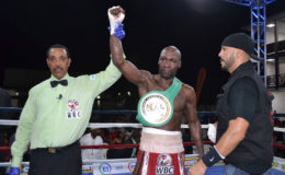 New WBC FECARBOX lightweight champ! Referee, Eon Jardine raises the hand of DeMarcus ‘Chop Chop’ Corley after a slugfest with Dexter ‘The Cobra’ Gonsalves Saturday night at the Giftland Mall.