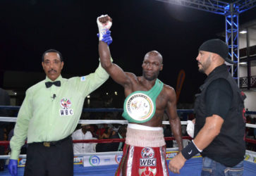 New WBC FECARBOX lightweight champ! Referee, Eon Jardine raises the hand of DeMarcus ‘Chop Chop’ Corley after a slugfest with Dexter ‘The Cobra’ Gonsalves Saturday night at the Giftland Mall.