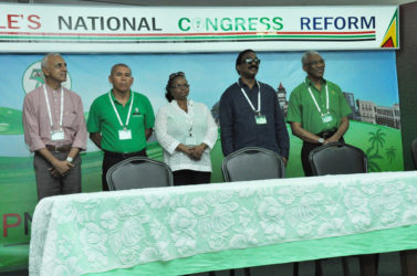 From right are PNCR Leader, President David Granger; PNCR Chairman, Basil Williams; PNCR Vice-Chairs Volda Lawrence and Dr George Norton respectively and PNCR Treasurer Ronald Bulkan. (PNCR photo)