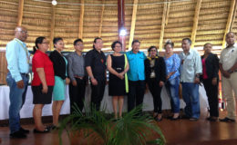 Minister of Indigenous Peoples Affairs Sydney Allicock and Junior Minister Valerie Garrido-Lowe (center) flanked by the members of the Heritage Month planning committee at the launching of Indigenous Heritage Month activities yesterday at the Umana Yana.

