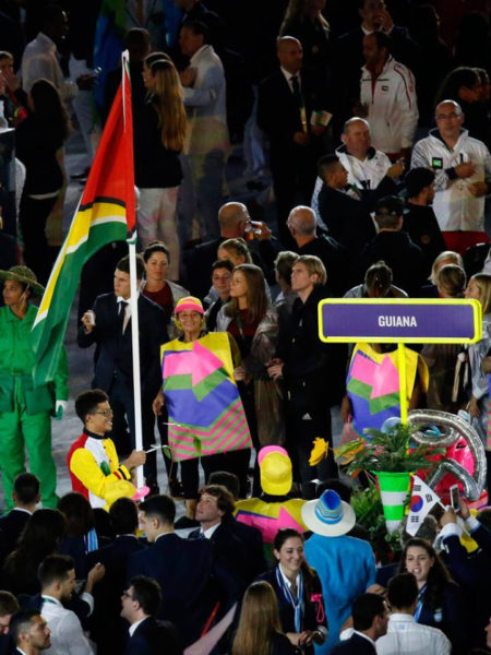 Flag bearer Hannibal Gaskin and the Guyana delegation enter the field during the Opening Ceremony of the Rio 2016 Olympic Games at the Maracana Stadium in Rio de Janeiro, Brazil, 05 August 2016. (EPA/TATYANA ZENKOVICH)