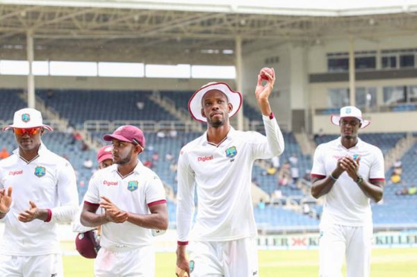 Off-spinner Roston Chase celebrates his five-wicket haul after India declared on 500 for nine on yesterday’s third day of the second Test. (Photo courtesy WICB Media) 