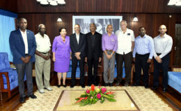 From left are: City Councillor Alfred Mentore; Chairman of the Finance Committee of the Georgetown Mayor and City Council,  Oscar Clarke; Mayor of Georgetown,  Patricia Chase-Green; Minister of Business,  Dominic Gaskin; Minister of Communities, Ronald Bulkan;  Christopher Fernandes, former Chief Executive Officer of John Fernandes Limited; former Chairman of the Private Sector Commission, Ramesh Persaud; Vice President of the Georgetown Chamber of Commerce and Industry and Vishnu Doerga. (Ministry of the Presidency photo)