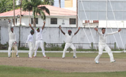 Off-spinner Gajanan Suknanan who destroyed East Coast with his seven wickets, wins an appeal yesterday at Bourda.