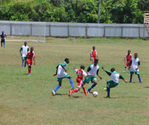 Action between Victoria Kings and BV/Triumph in the East Coast of Demerara zone of the Namilco Thunderbolt Flour U17 National Championships 