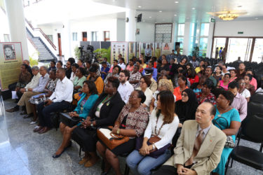 The gathering at opening of the Women and Gender Equality Commission and Department of Culture, Youth and Sport’s Jubilee Exhibition. Among those present were Minister within the Ministry of Education Nicolette Henry, Minister of Education Dr. Rupert Roopnaraine and Minister within the Ministry of Finance Jaipaul Sharma and Minister of Public Health Dr. George Norton