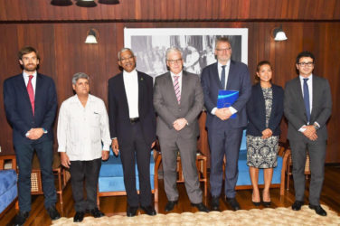 From L-R are EIB Investment Officer, Floris Vermeulen; Minister within the Ministry of Finance, Jaipaul Sharma; President David Granger; Vice President, Pin van Ballekom; Adviser to the Vice President,  Malaya Zumel and Loan Officer,  Angel Diez Fraile   