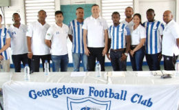 Newly appointed GFC Head-coach Brazilian Fabiano Agrippino (centre) posing with members of the GFC Management Staff and Team Roster following his presentation ceremony at the club’s Bourda location 