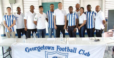 Newly appointed GFC Head-coach Brazilian Fabiano Agrippino (centre) posing with members of the GFC Management Staff and Team Roster following his presentation ceremony at the club’s Bourda location 