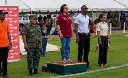 Minister within the within the Indigenous People’s Affairs Valerie Garrido-Lowe (standing centre) alongside Director of Sport Christopher Jones (second from left) during the launch of the Indigenous Heritage Sports yesterday at the Everest Cricket Club ground on Carifesta Avenue.
