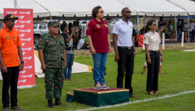 Minister within the within the Indigenous People’s Affairs Valerie Garrido-Lowe (standing centre) alongside Director of Sport Christopher Jones (second from left) during the launch of the Indigenous Heritage Sports yesterday at the Everest Cricket Club ground on Carifesta Avenue. 