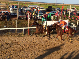 Lady Budapest storms to a close victory ahead of Golden Blue Echo in the feature B1 and Lower, seven-furlong event yesterday at the Kennard’s Memorial Turf Club. 