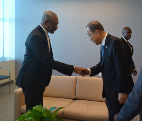  President David Granger being greeted by the UN Secretary-General, Mr. Ban Ki-moon prior to their meeting yesterday.  (Ministry of the Presidency photo) 