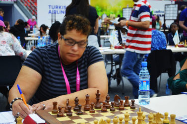 Maria Varona-Thomas (in photo), qualified for the international chess title of Woman FIDE Master at the 42nd Chess Olympiad in Baku, Azerbaijan, two weeks ago. It was the first major title for a female chess player from Guyana. Maria contested the required 11 games on Board One for Guyana and scored victories against fellow board one players from the following countries: Tanzania, Aruba, Chinese Tai Pei, Sudan, Fiji, Barbados and Palestine. She drew with Qatar and Wales. Maria lost against Zambia and Singapore. She placed 21st from a total of 663 women participants at the Olympiad.