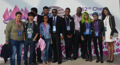 The Guyana male and female chess players just outside the venue in Baku. 