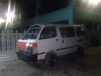 The damaged minibus after the accident along the Nismes Public Road last evening. 