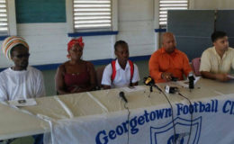 Kelsey Benjamin Jr. (centre) addressing the media gathering at the GFC ground,  Bourda in the presence of father Kelsey Benjamin Sr. (left), mother Linda Forde (second from left), Chase Academy Principal Henry Chase (second from right) and GFC Team Manager Faizal Khan.