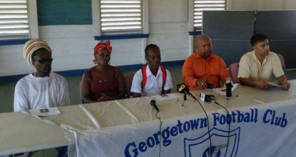 Kelsey Benjamin Jr. (centre) addressing the media gathering at the GFC ground, Bourda in the presence of father Kelsey Benjamin Sr. (left), mother Linda Forde (second from left), Chase Academy Principal Henry Chase (second from right) and GFC Team Manager Faizal Khan.
