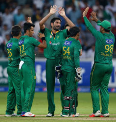 The Pakistan players celebrate their first T20 series win over a test playing nation in the United Arab Emirates since defeating Australia in 2012.