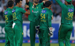 The Pakistan players celebrate their first T20 series win over a test playing nation in the United Arab Emirates since defeating Australia in 2012.