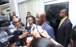 Trinidad and Tobago Prime minister Dr Keith Rowley facing the press in Georgetown earlier this year during the Summit of Caricom  Heads